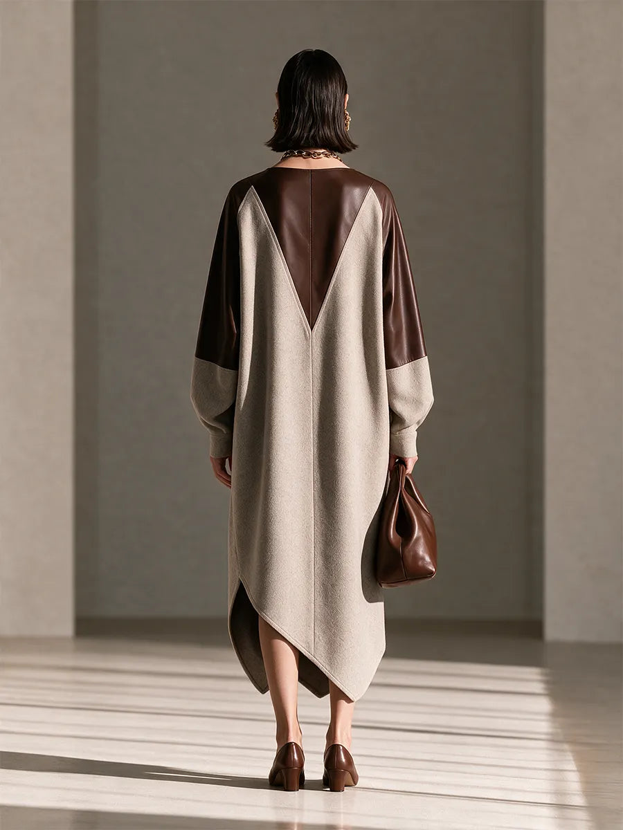 Women's Round-Neck Leather-Panel Drop-Shoulder Long-Sleeve Asymmetric-Hem Wool Maxi Dress MDZ3103H5CMX
