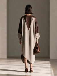 Women's Round-Neck Leather-Panel Drop-Shoulder Long-Sleeve Asymmetric-Hem Wool Maxi Dress MDZ3103H5CMX