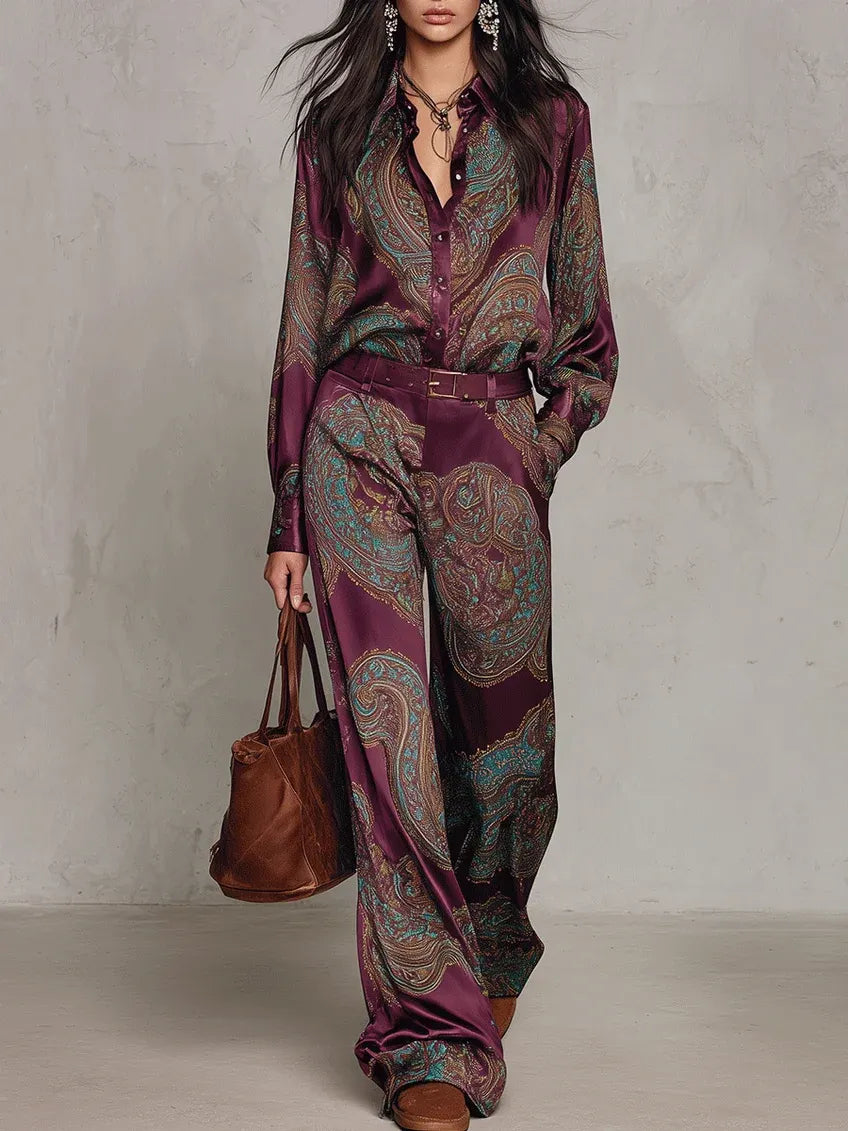 NOVE - Completo satin paisley bordeaux con cintura