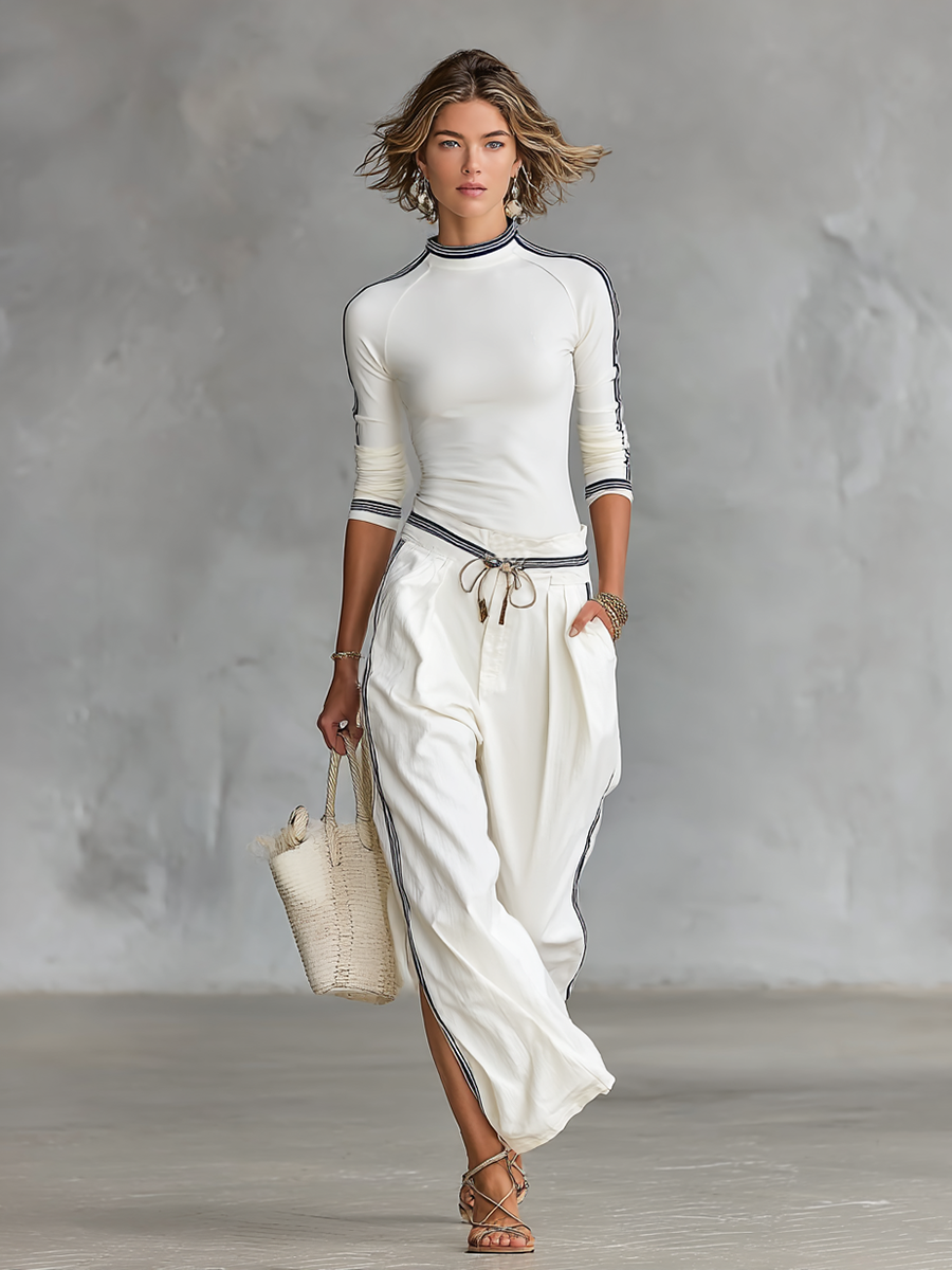 CENTRACHE - Completo loungewear morbido a due pezzi in bianco e navy