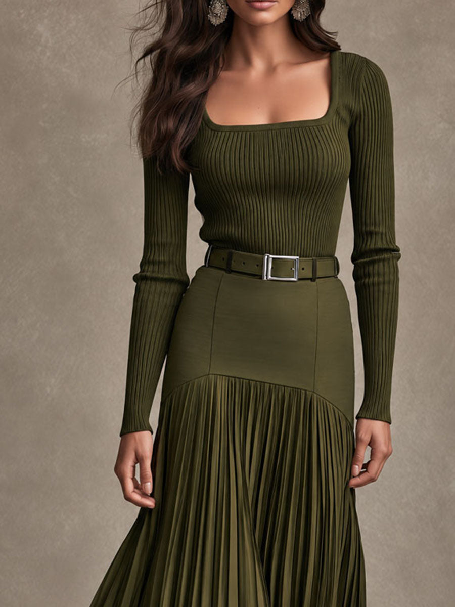 SPERLINGA - Set due pezzi verde oliva in maglia a coste con cintura