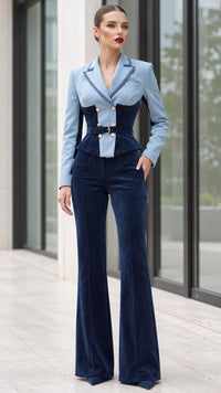 PINCARA - Set due pezzi blazer con cintura e pantaloni svasati multicolore