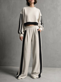PORANO - Set due pezzi beige color-block in felpa pantaloni ampi