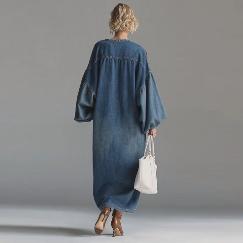 LOIANO - Abito in denim vintage con scollo a V e maniche lanterna