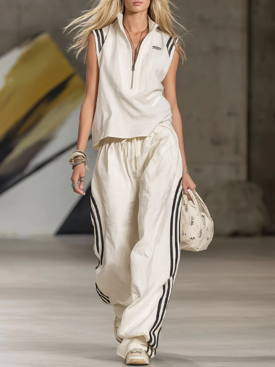 STAITI - Completo donna a righe patchwork con zip, top e pantaloni