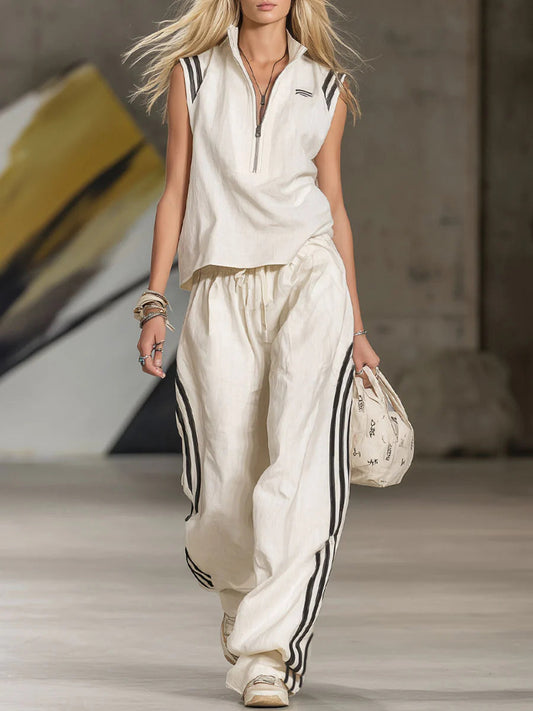 STAITI - Completo donna a righe patchwork con zip, top e pantaloni