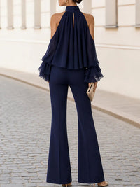 GAMBATESA - Set due pezzi blu navy in chiffon con volant e spacco frontale