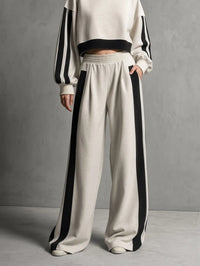 PORANO - Set due pezzi beige color-block in felpa pantaloni ampi