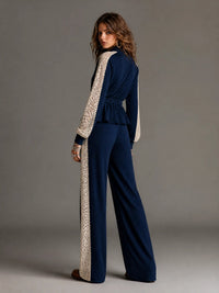 SPOLETO - Set due pezzi in maglia a coste blu con pizzo floreale
