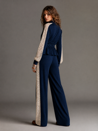 RICADI - Set due pezzi in maglia a coste con pizzo floreale, blu navy