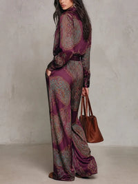 NOVE - Completo satin paisley bordeaux con cintura