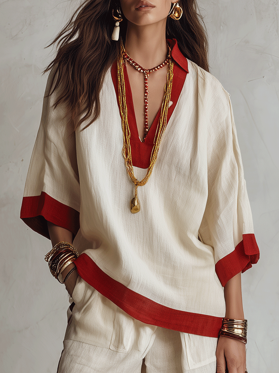 FORMAZZA - Set due pezzi in lino avorio oversize con bordi rossi