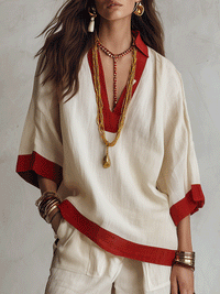 FORMAZZA - Set due pezzi in lino avorio oversize con bordi rossi