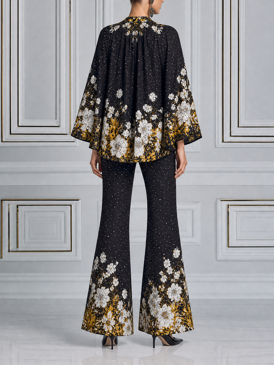RASURA - Set due pezzi nero floreale con top e pantaloni palazzo