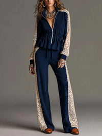 RICADI - Set due pezzi in maglia a coste con pizzo floreale, blu navy
