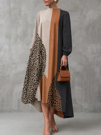 PICCIANO - Abito maxi leopardato con zip e maniche lunghe a contrasto
