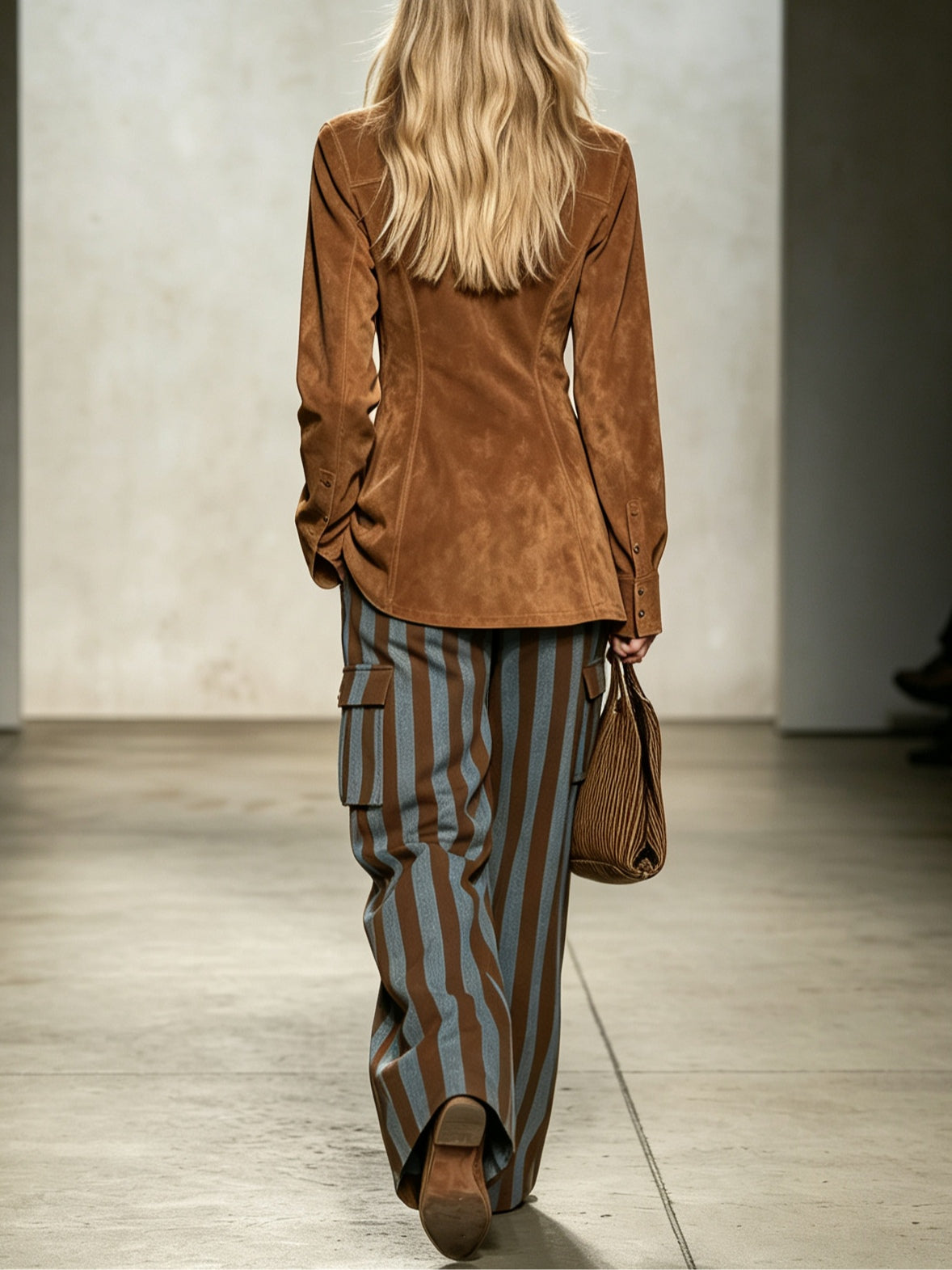 ROTONDELLA - Set due pezzi marrone effetto camoscio con pantaloni a righe verticali