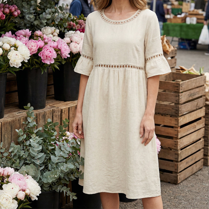 LUDOVICA - Abito Midi in Cotone e Lino con Pizzo