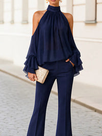 GAMBATESA - Set due pezzi blu navy in chiffon con volant e spacco frontale
