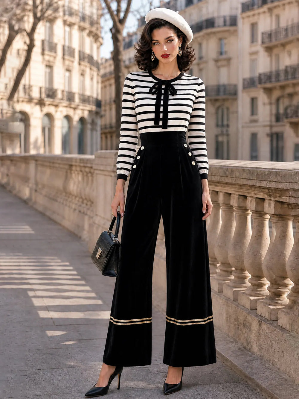 GRISELDA - Jumpsuit vintage in velluto a righe con fiocco al collo