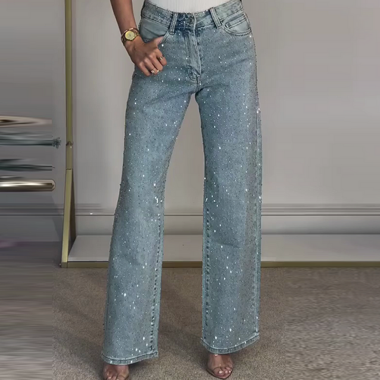 ALBIDONA - Jeans dritti con strass in Blu Nero Grigio