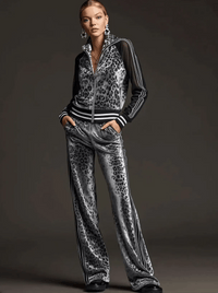 AMARONI - Set due pezzi in velluto leopardato grigio a righe retro