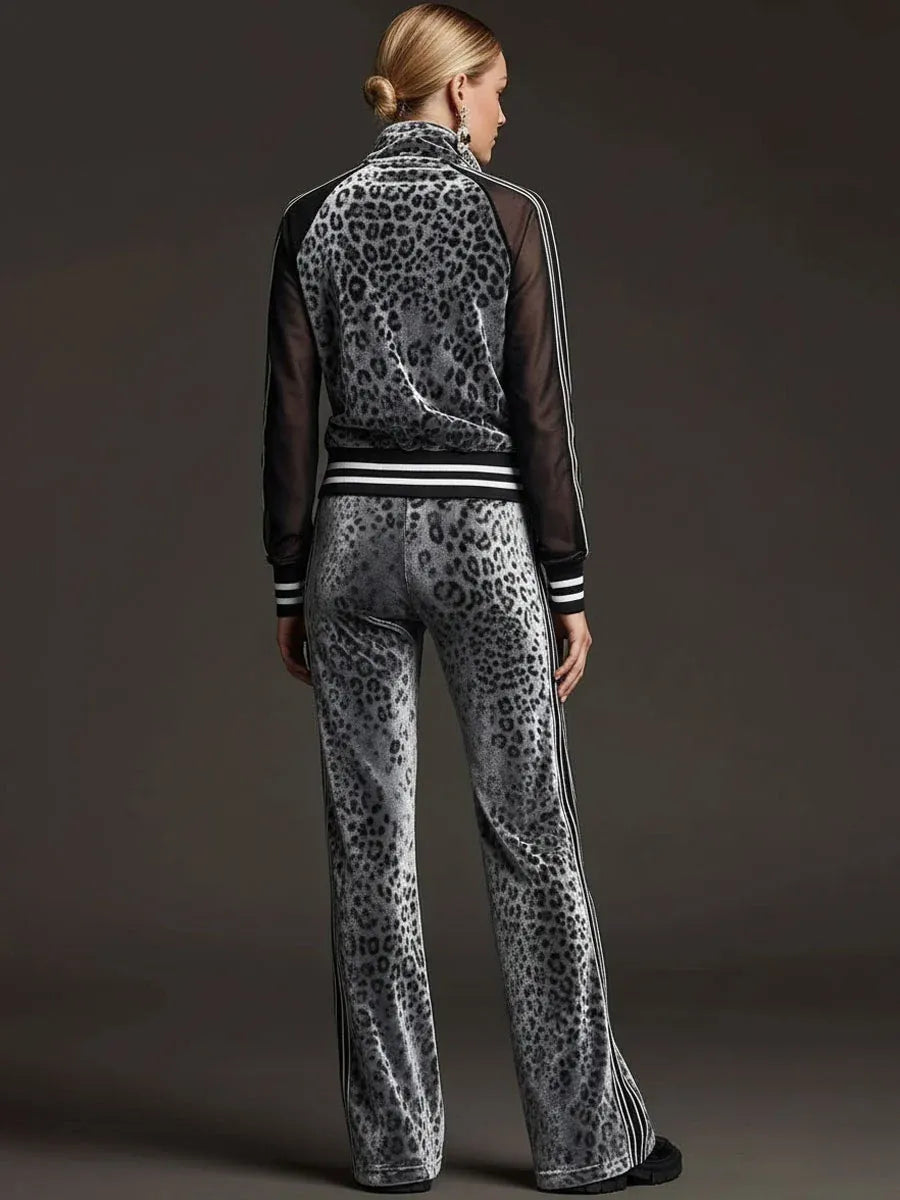 AMARONI - Set due pezzi in velluto leopardato grigio a righe retro