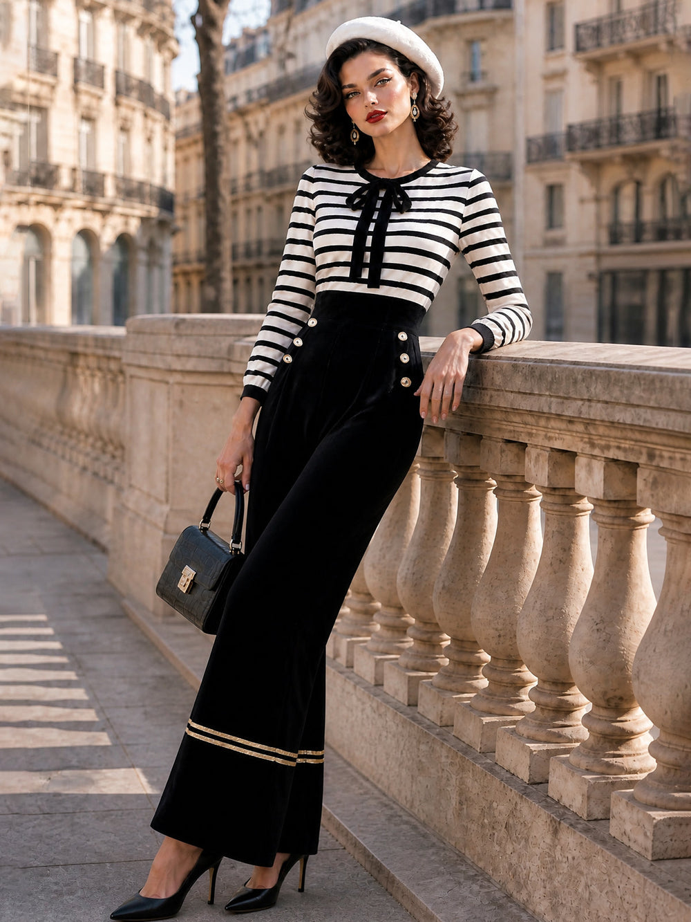 GRISELDA - Jumpsuit vintage in velluto a righe con fiocco al collo