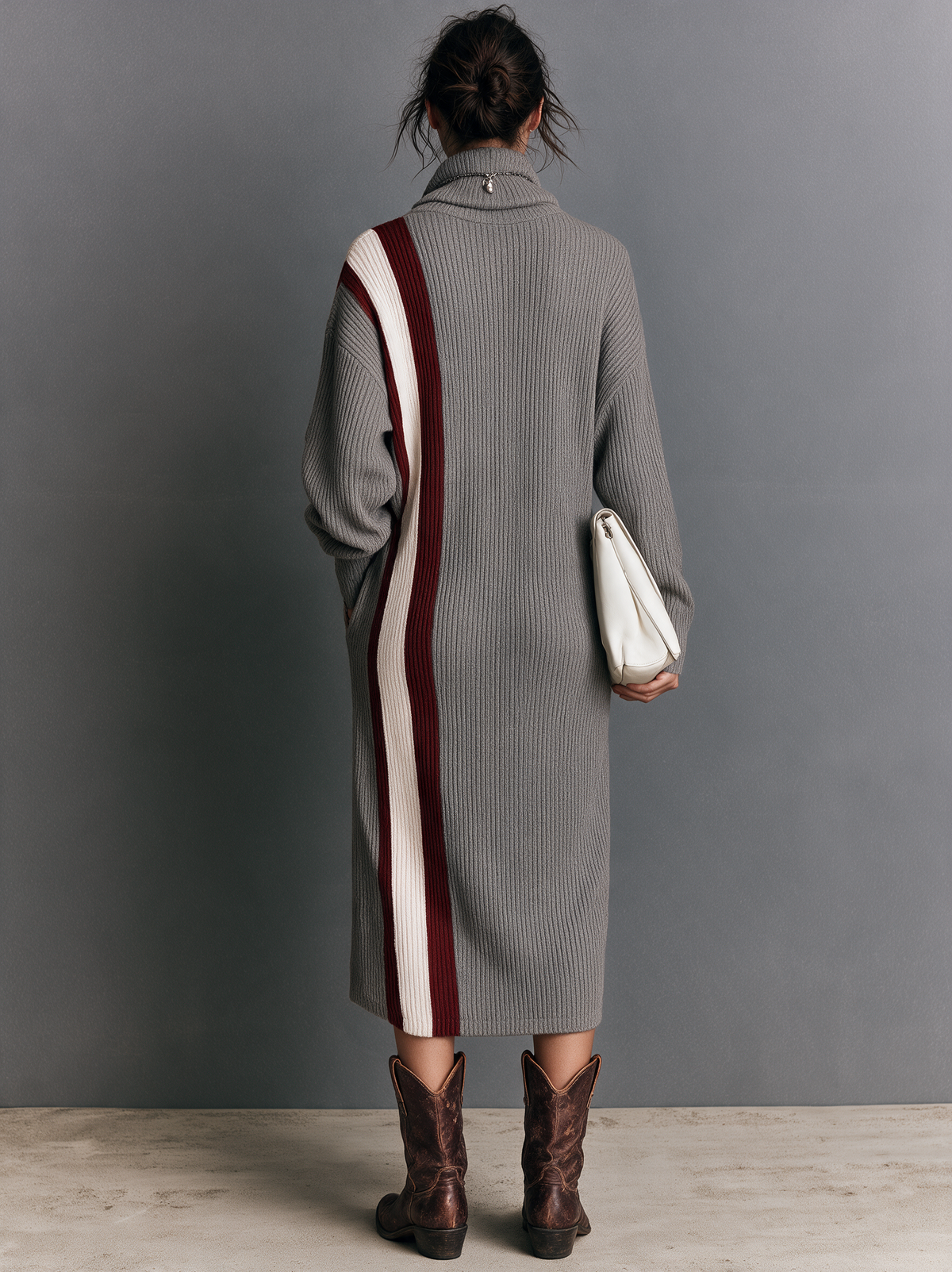 Women's Retro Color-Block Midi Sweater Dress With High Neck And Side Slit MDZ2130H1WY