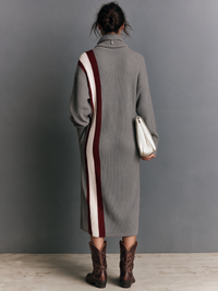 Women's Retro Color-Block Midi Sweater Dress With High Neck And Side Slit MDZ2130H1WY