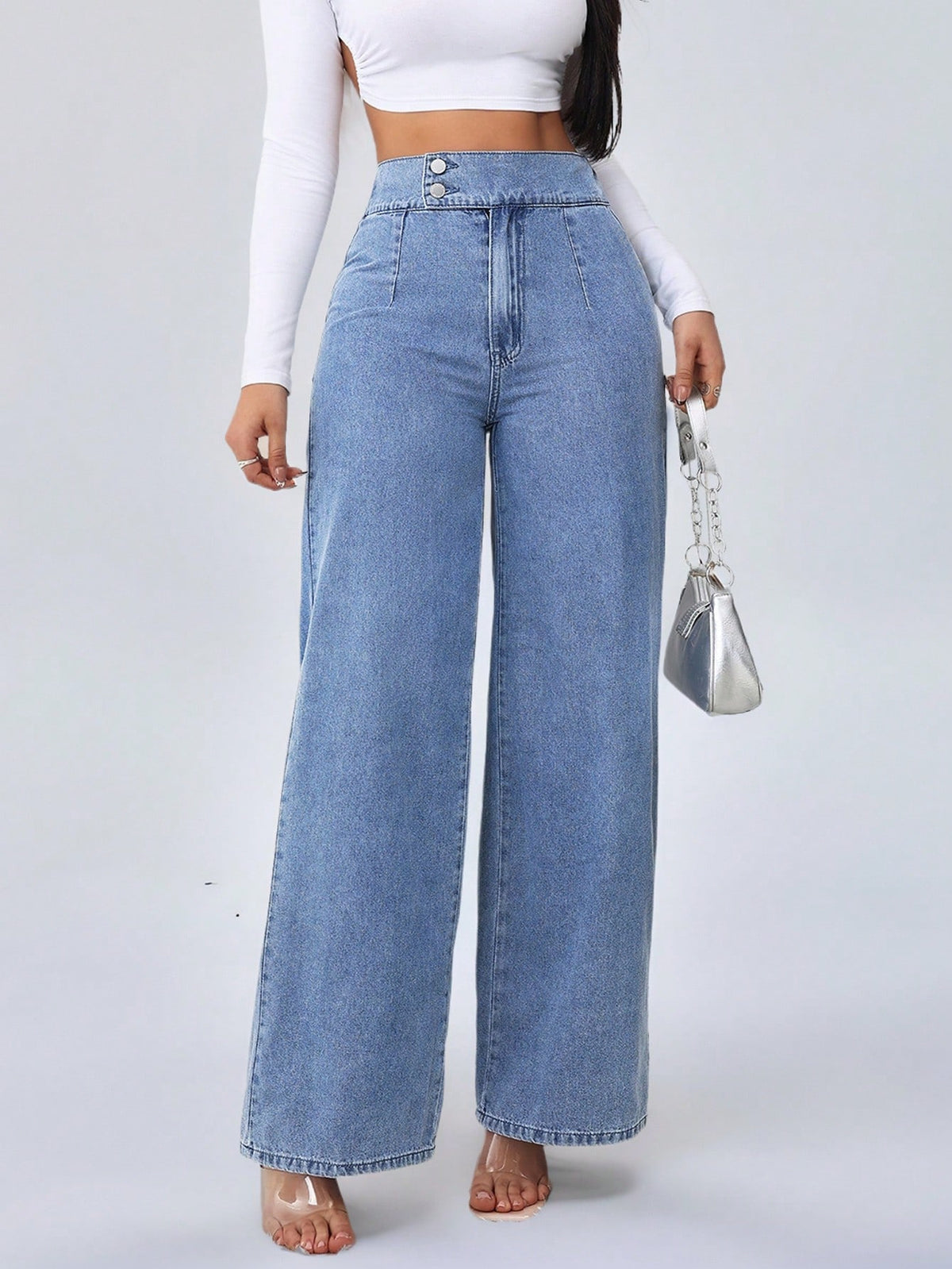MONFUMO - Jeans wide-leg a vita alta in denim blu