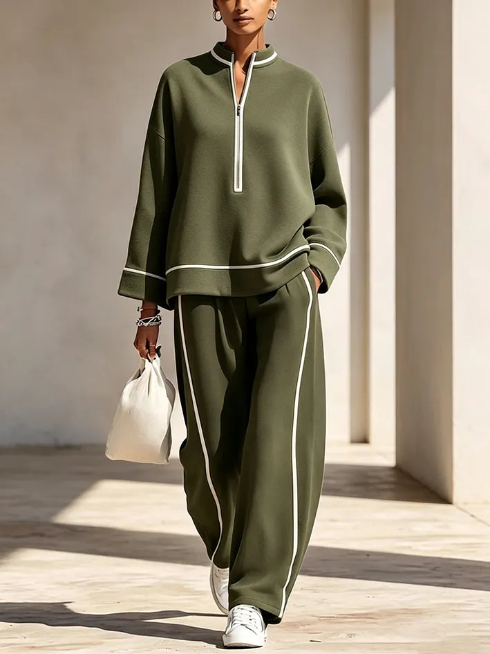 ORTISEI - Completo Loungewear Verde Oliva con Bordo Bianco