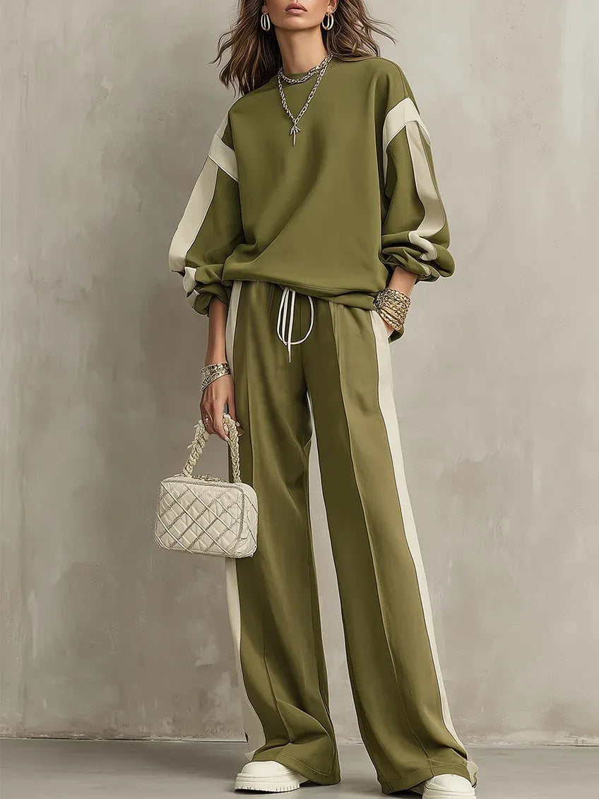 TERZORIO - Completo verde oliva felpa e pantaloni wide-leg