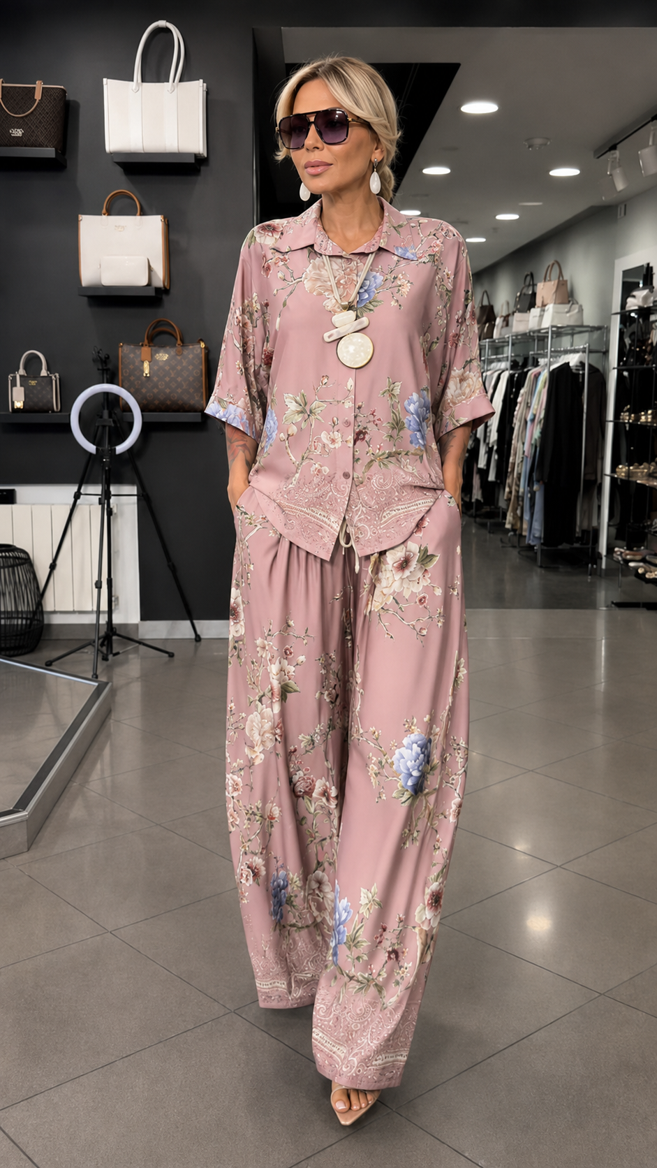 CUCCIAGO - Set due pezzi floreale con camicia e pantaloni palazzo