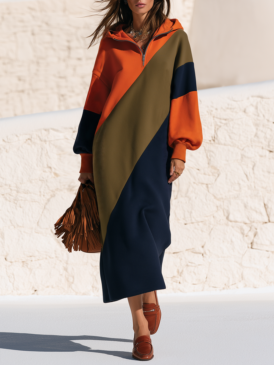 RONAGO - Abito midi oversize con maniche a palloncino e cappuccio multicolor