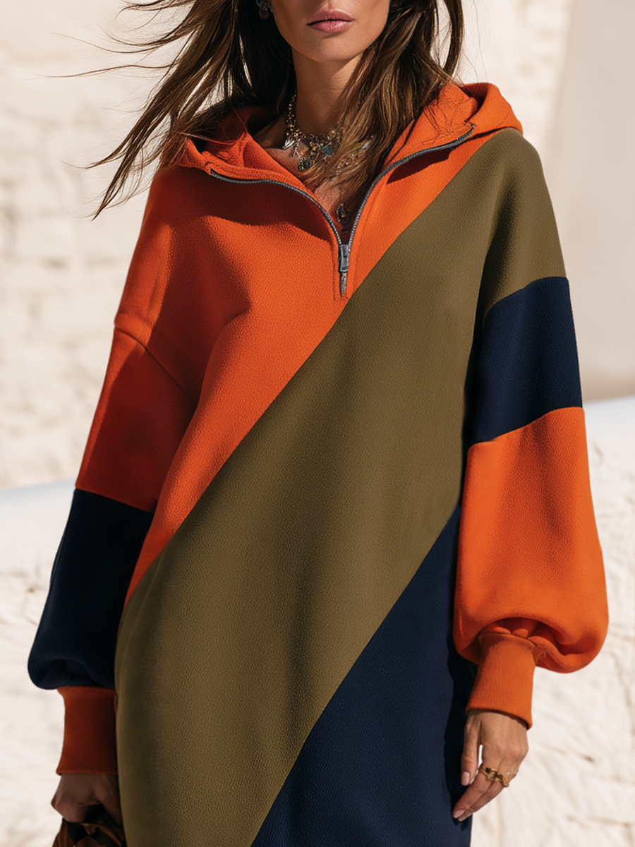 RONAGO - Abito midi oversize con maniche a palloncino e cappuccio multicolor
