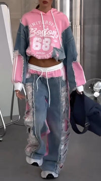 BIBBONA - Completo rosa con hoodie patchwork e jeans wide leg