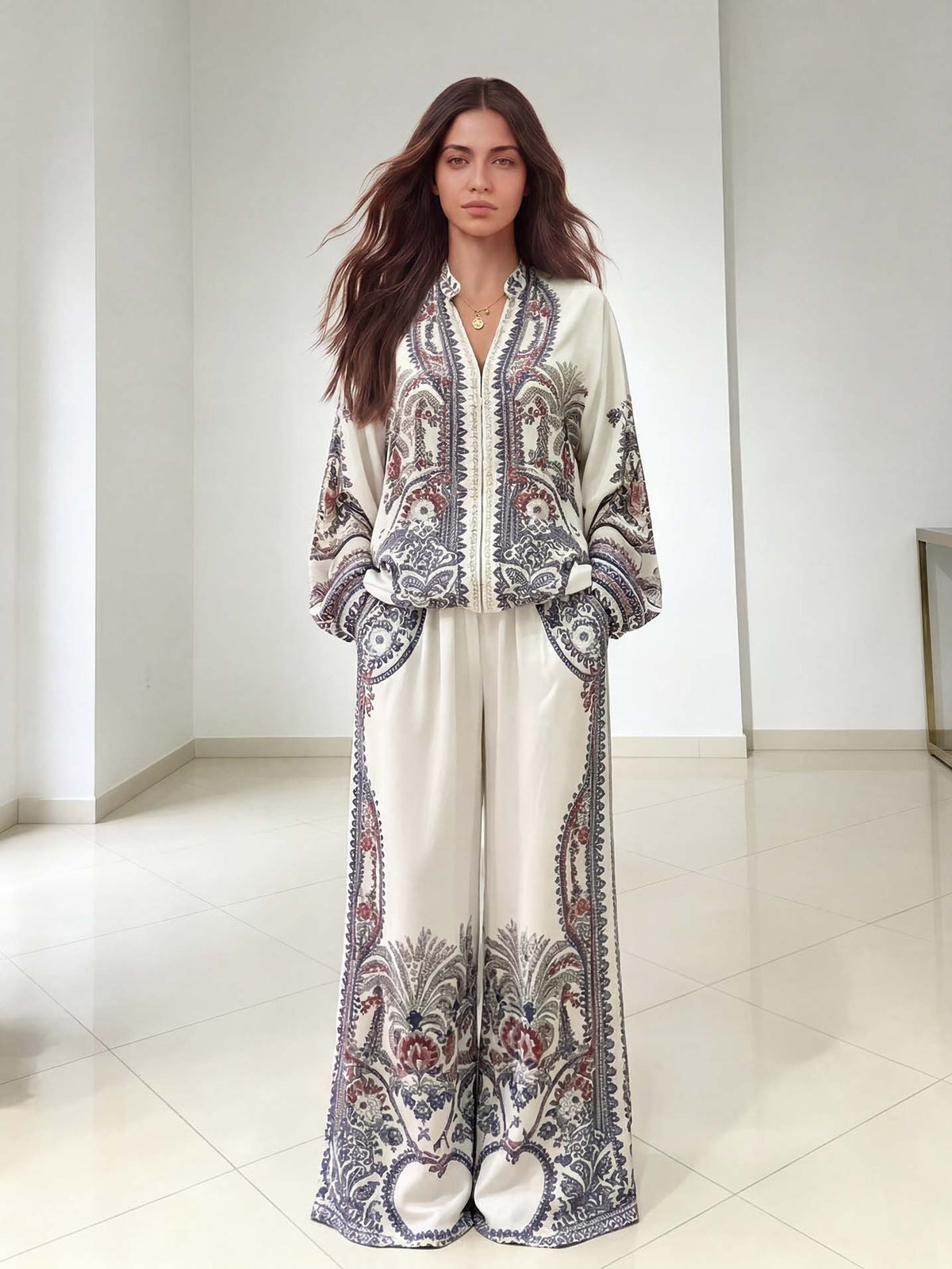 TAIPEI - Camicia bianca a maniche lunghe con stampa paisley e zip