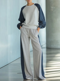 LENI - Set due pezzi grigio a righe color block con maniche raglan