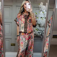 LUISA - Completo marrone 2 pezzi con top stampato e pantaloni ampi