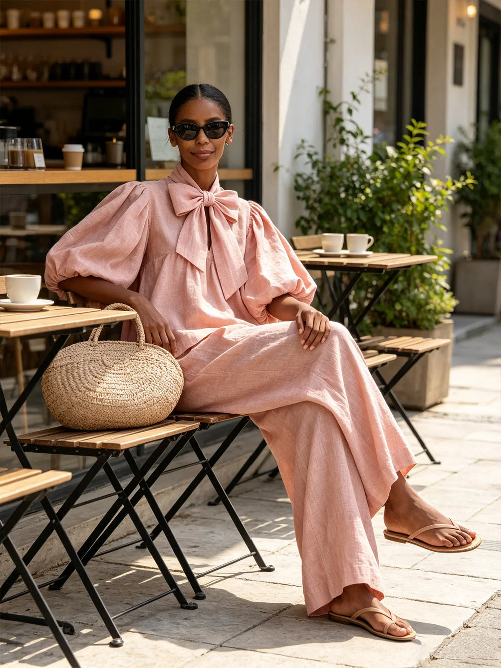 VOGHIERA - Completo rosa in misto lino con fiocco e pantaloni ampi