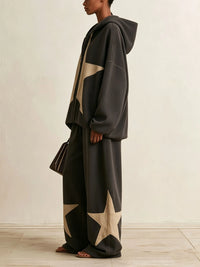 DRONERO - Set due pezzi nero con stella, felpa oversize e pantaloni wide leg