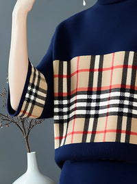 CASPOGGIO - Maglione morbido a quadri blu royal con maniche 3/4