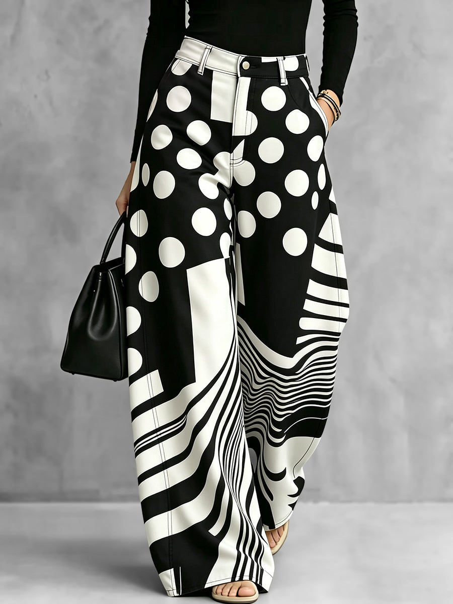AMBIVERE - Pantaloni palazzo in denim bianco a pois e righe