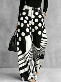AMBIVERE - Pantaloni palazzo in denim bianco a pois e righe
