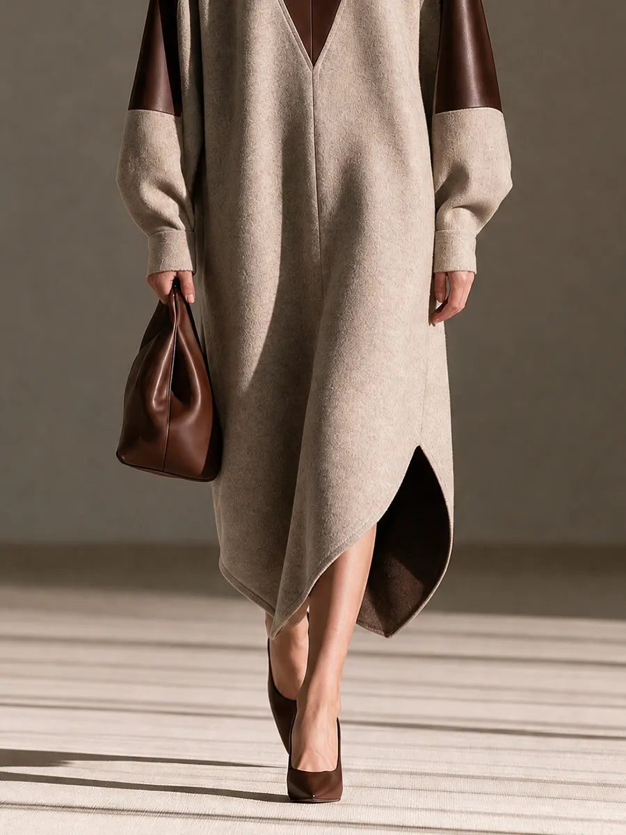 Women's Round-Neck Leather-Panel Drop-Shoulder Long-Sleeve Asymmetric-Hem Wool Maxi Dress MDZ3103H5CMX