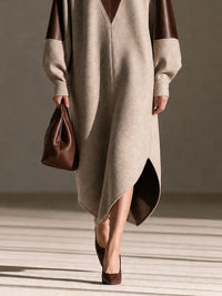 Women's Round-Neck Leather-Panel Drop-Shoulder Long-Sleeve Asymmetric-Hem Wool Maxi Dress MDZ3103H5CMX