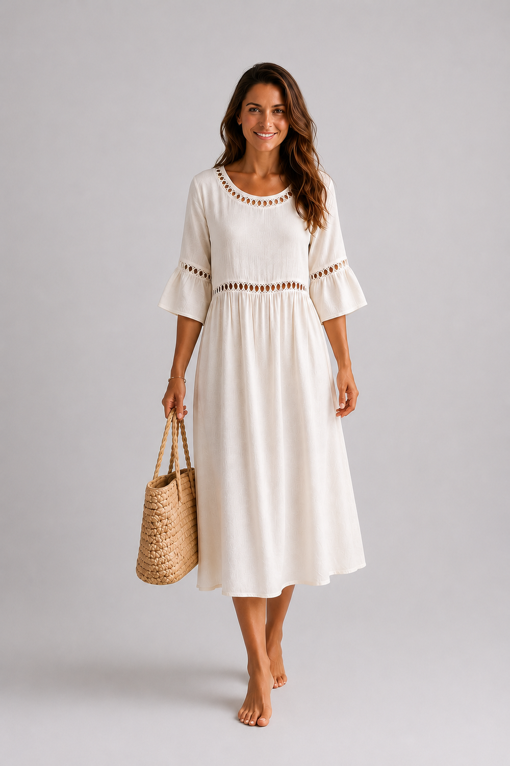 LUDOVICA - Abito Midi in Cotone e Lino con Pizzo