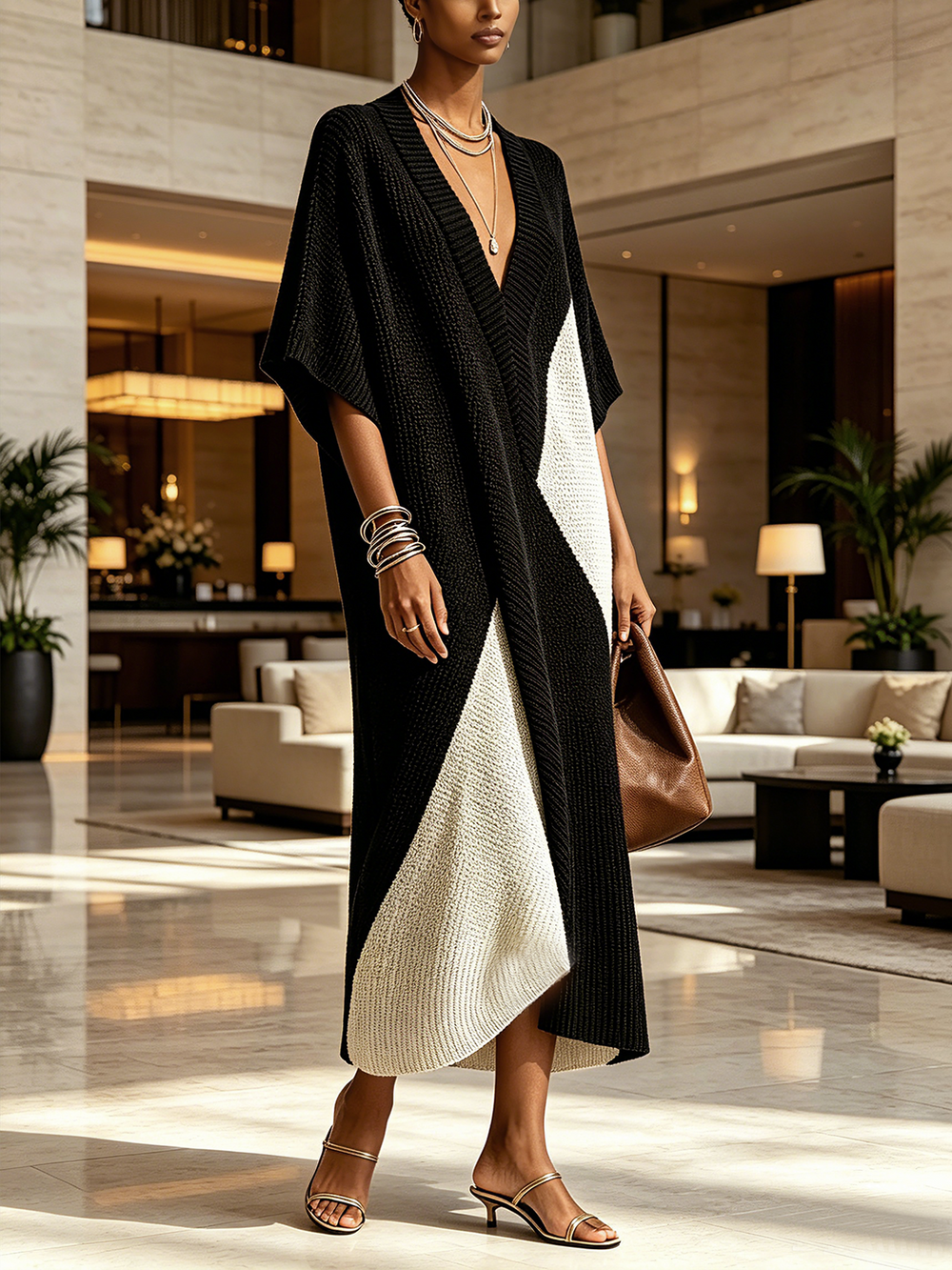 EVA - Abito midi nero bicolore con scollo a V