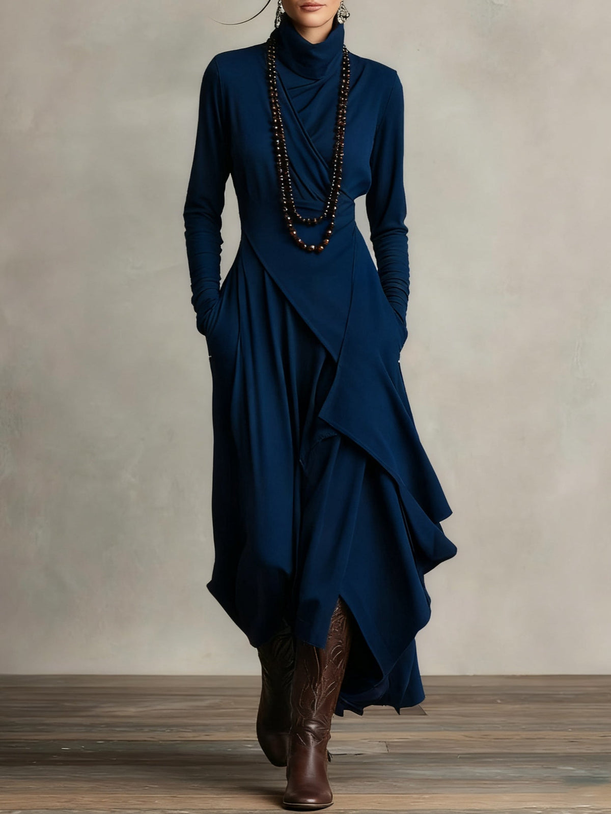 BUDOIA - Abito maxi elegante asimmetrico con collo alto